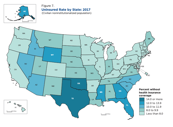 Seguro Médico en Texas Mapa azul de los Estados Unidos con las tazas de no asegurados con seguro medico short term health insurance 